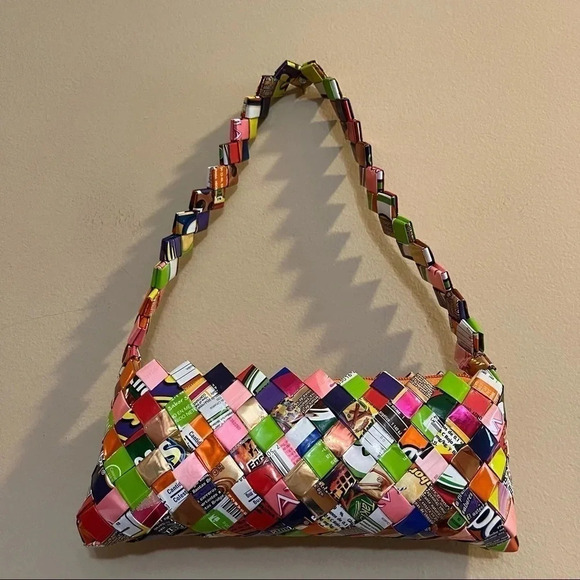 Recycled Candy Wrapper Purse Woven Shoulder Bag Recycled Wearable Art Y2K - Picture 2 of 11